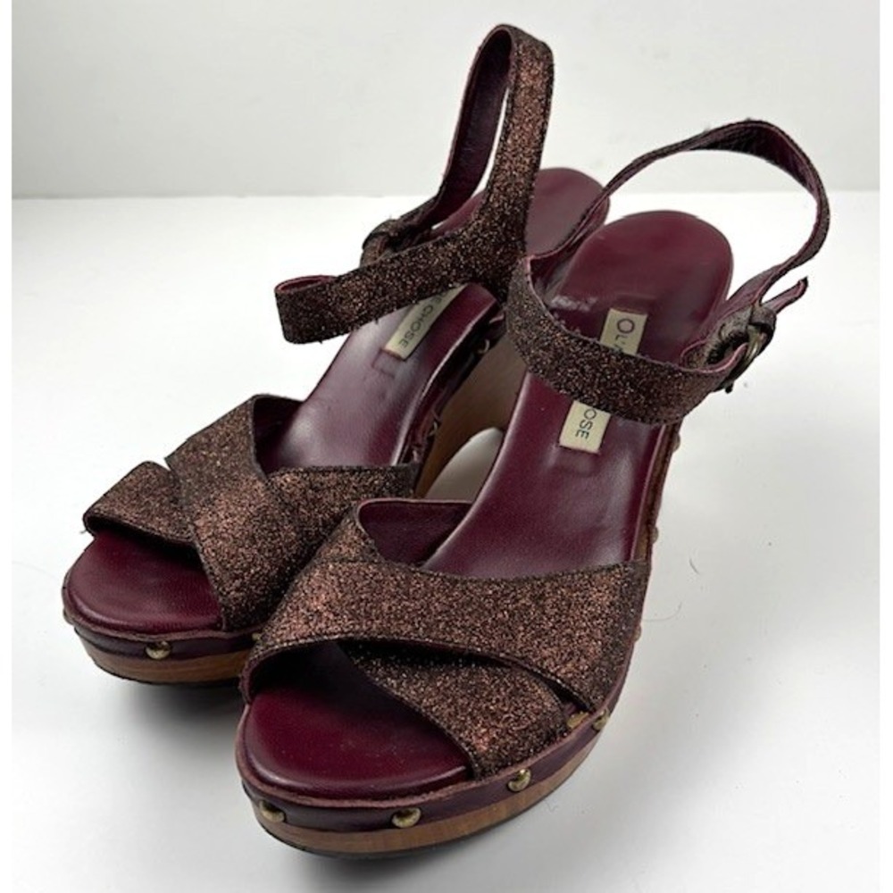 L'Autre Chose Wood Clog Wedge Heel Plum Bergundy Glitter Strap Studded Italy 36‎